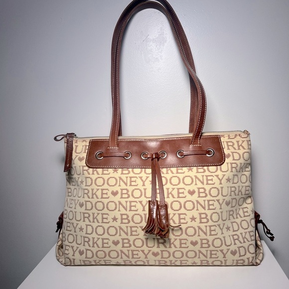 Dooney & Bourke Handbags - Dooney & Bourke Brown & Cream Hearts & Stars Canvas & Leather Tote Shoulder Bag
